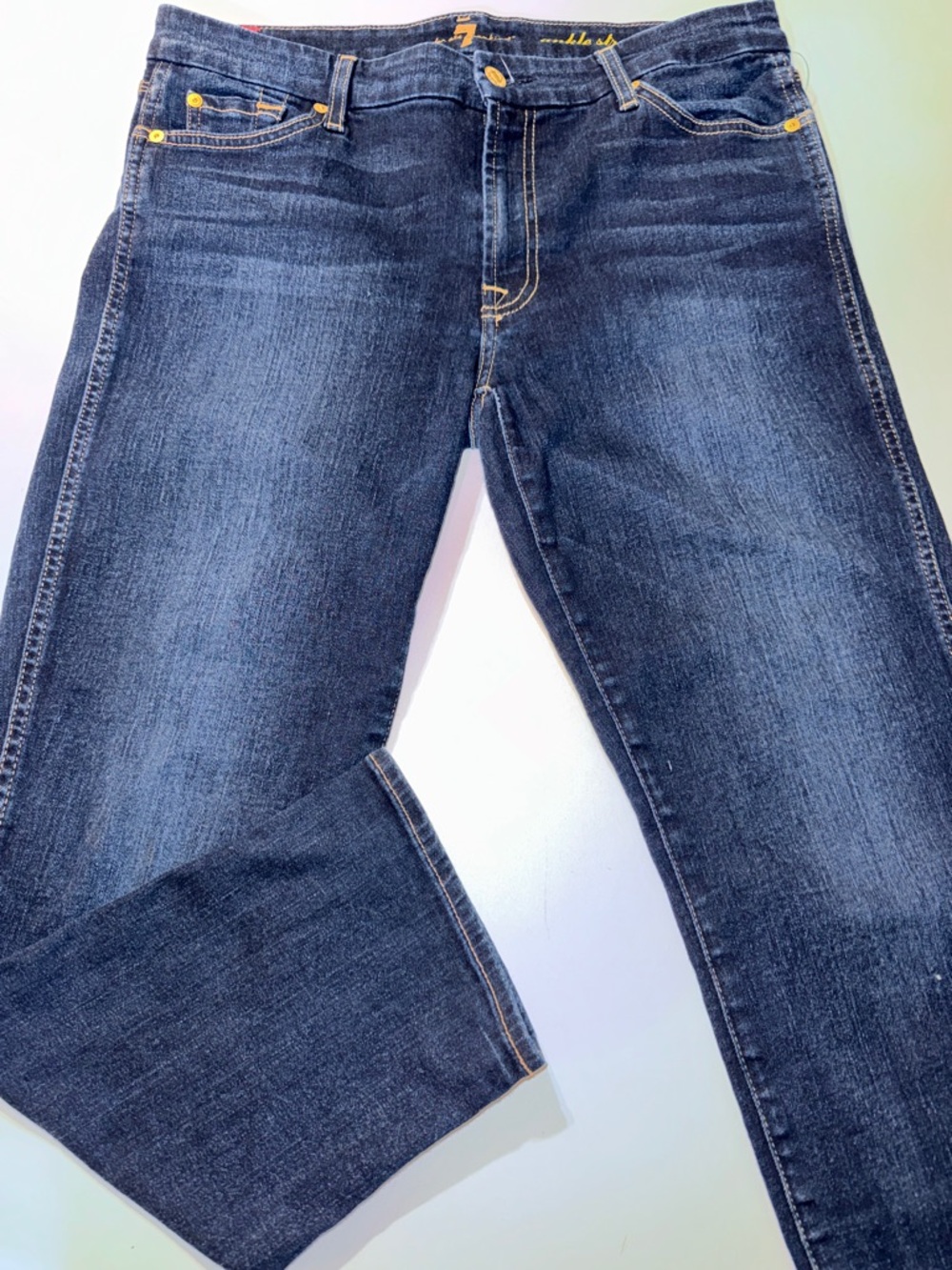 Womens 7 For All Mankind Indigo Denim Ankle Straight Jeans with Gold Stitching